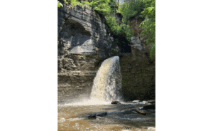 Eagle Cliff Falls on June 10, 2025 with a high waterflow, due to a recent heavy rainstorm.