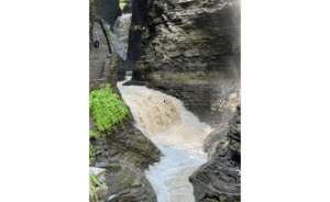 Entry to the Watkins Glen Gorge Trail, on June 10, 2025. The water flow is particularly high due to the recent heavy rainfall.