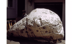 Paul Fromm's homemade hot air balloon, on it side starting to be inflated