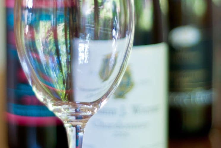 A single empty glass of wine in front of a row of bottles of wine