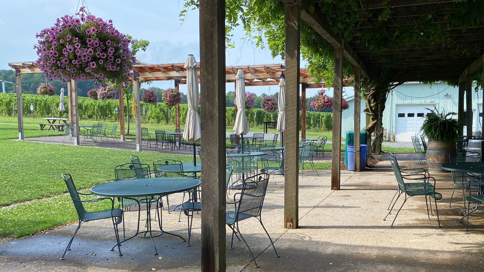 Outdoor patio tables and chairs under wood pergolas with hanging flower baskets next to a vineyard