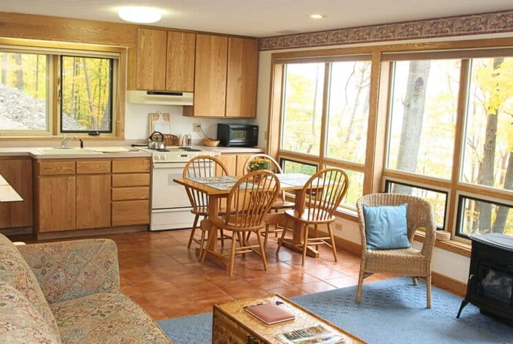 Apartment suite with kitchen, table and four chairs, couch, wicker sitting chair, stand alone fireplace and wall of windows overlooking trees