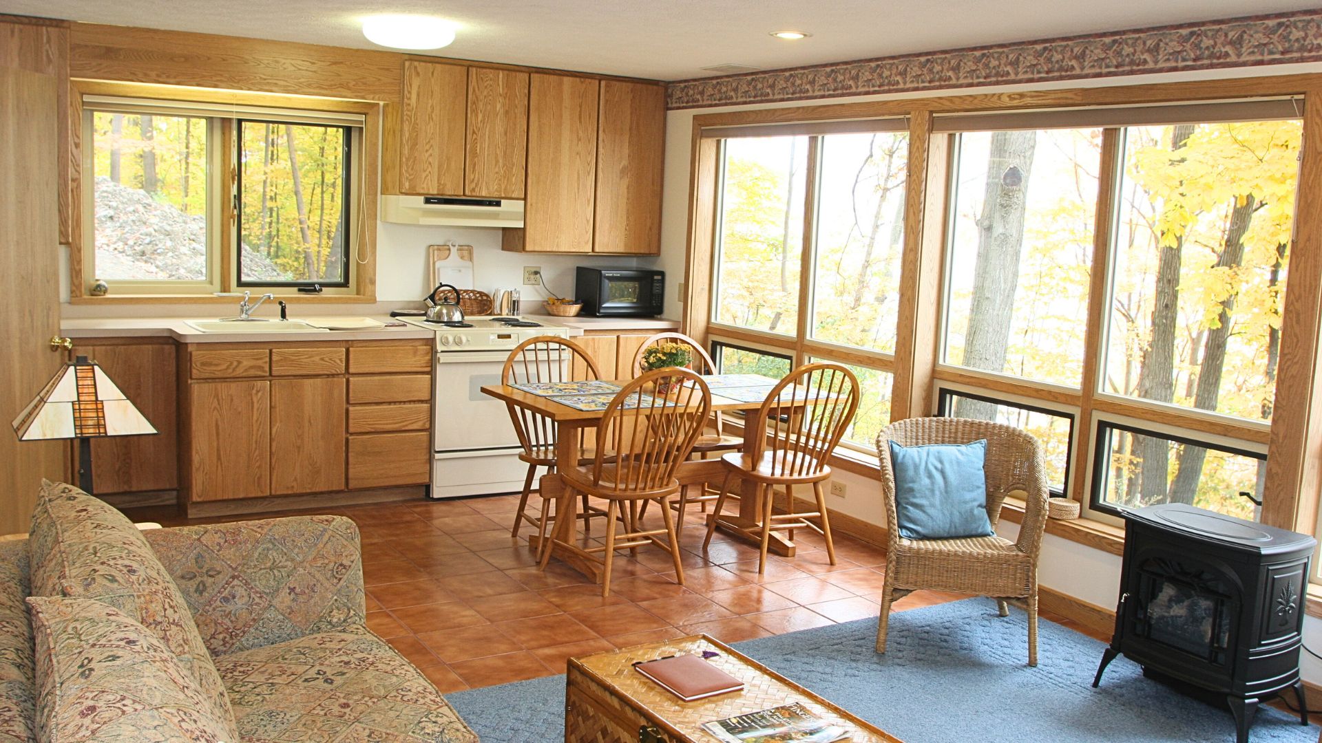 Apartment suite with kitchen, table and four chairs, couch, wicker sitting chair, stand alone fireplace and wall of windows overlooking trees